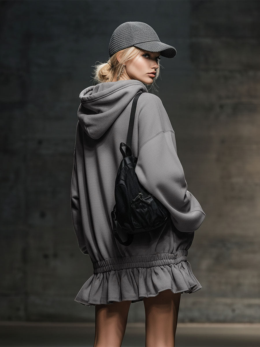 Casual and Fashionable Hooded Elastic Hem Grey Sweatshirt Mini Dress