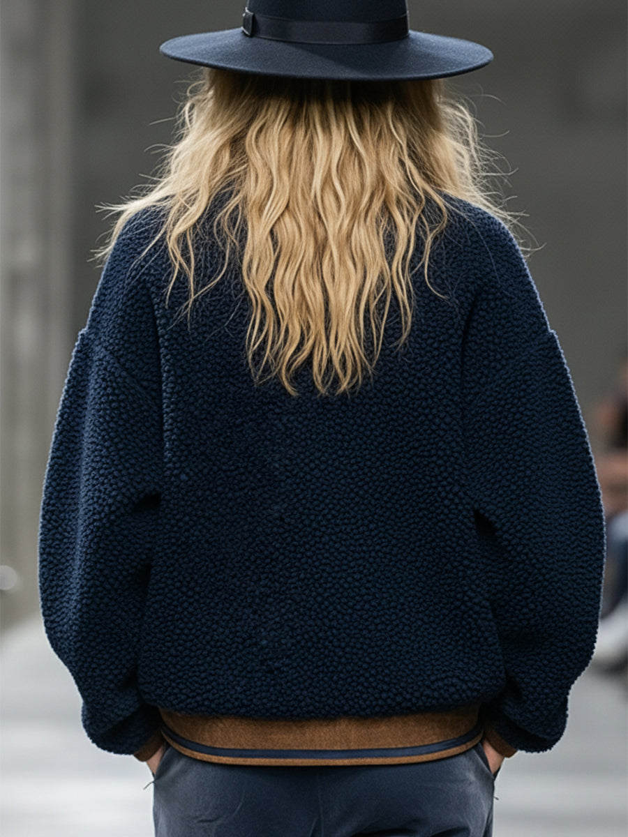 Retro and Fashionable Brown Trim Blue Teddy Fleece Sweatshirt