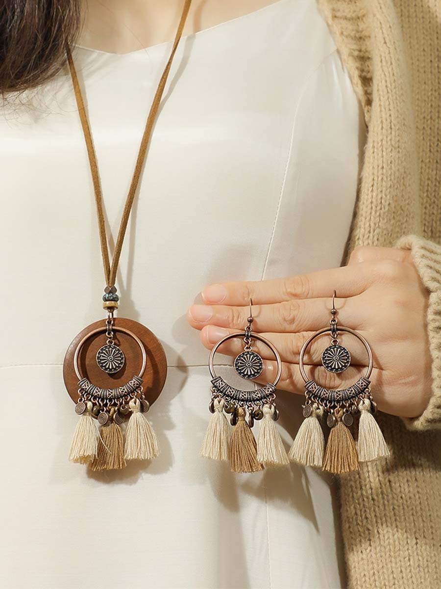 Vintage Distressed Bohemian Tassel Necklace and Earrings Set