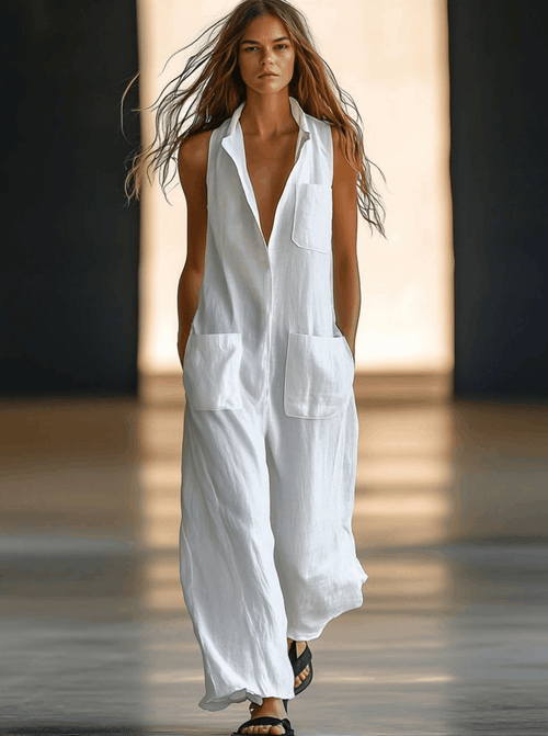 Casual Loose Retro White Breathable Linen Sleeveless Wide Leg Pants Jumpsuit