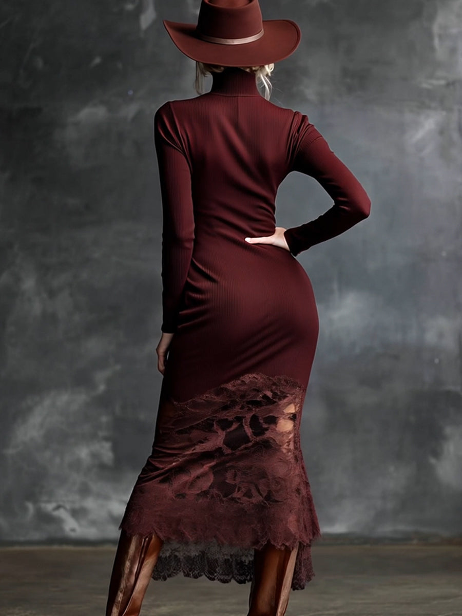 Simple and Elegant High-Neck Lace Hem Burgundy Knitted Maxi Dress