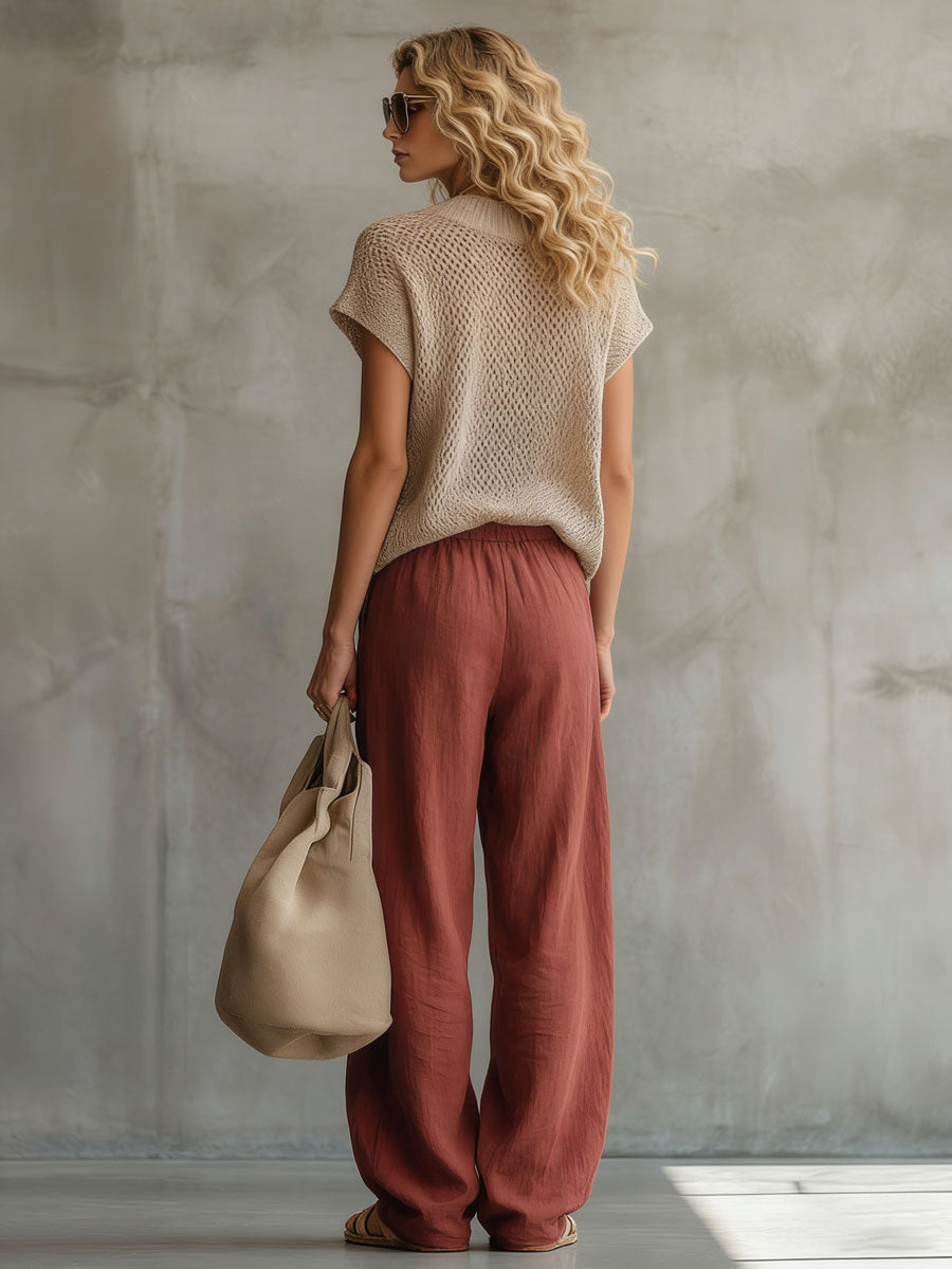 Retro Short-sleeved Knit Top and Brick Red Cotton Linen Wide-leg Trousers Set