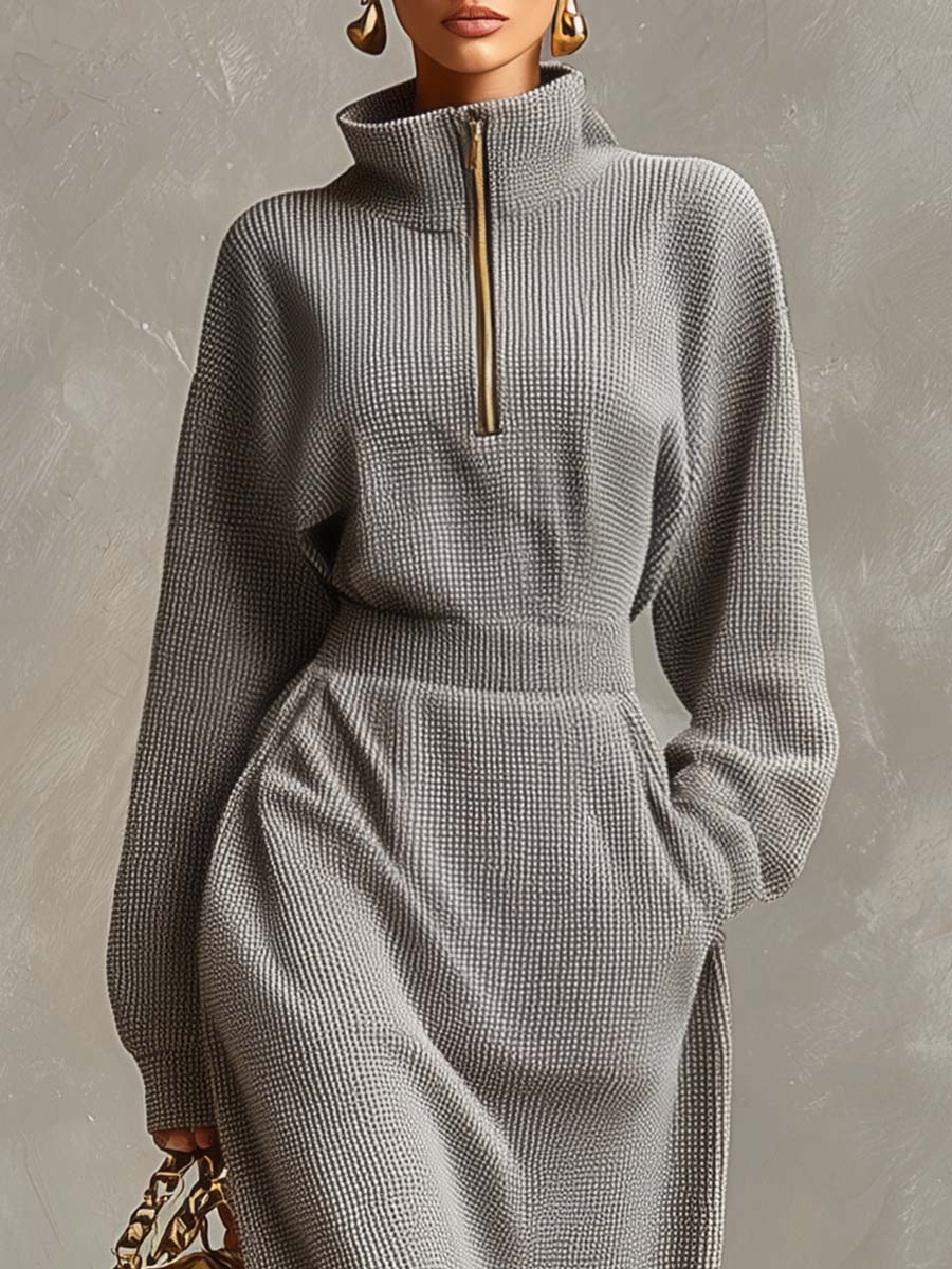Exquisite Casual Lapel Front Zipper Long Sleeve Light Grey Waffle Fabric Maxi Dress