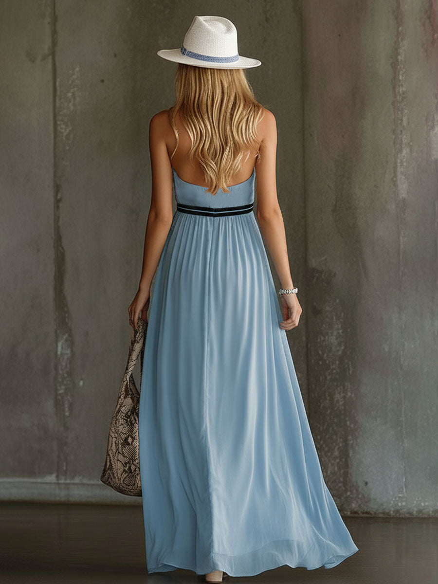 Chiffon Colour-blocked Strapless Sleeveless Maxi Dress