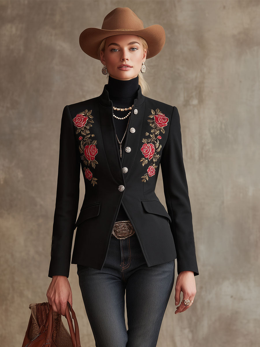 Stand Collar Single-breasted Rose Embroidered Wool Blazer