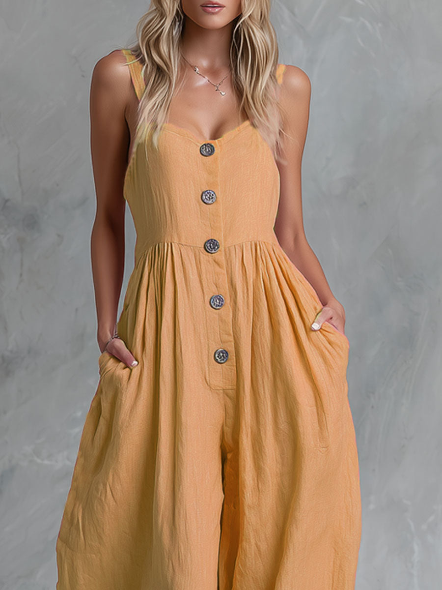 Loose-fitting Single-breasted Cotton-linen Sleeveless Jumpsuit