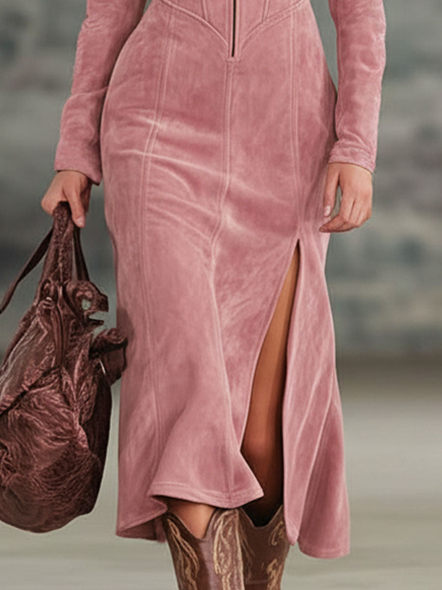 Lapel Collar Zip-Up Side-Slit Embroidered Faux Suede Long-Sleeved Midi Dress