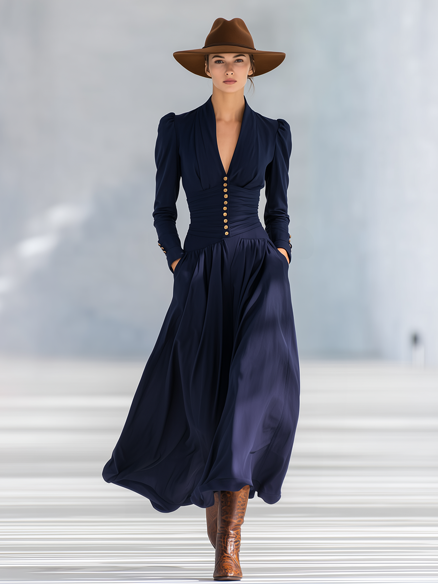 Stylish Elegant Button-Decorated V-Neck Long-Sleeved Maxi Dress
