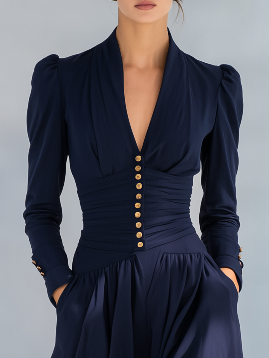 Stylish Elegant Button-Decorated V-Neck Long-Sleeved Maxi Dress