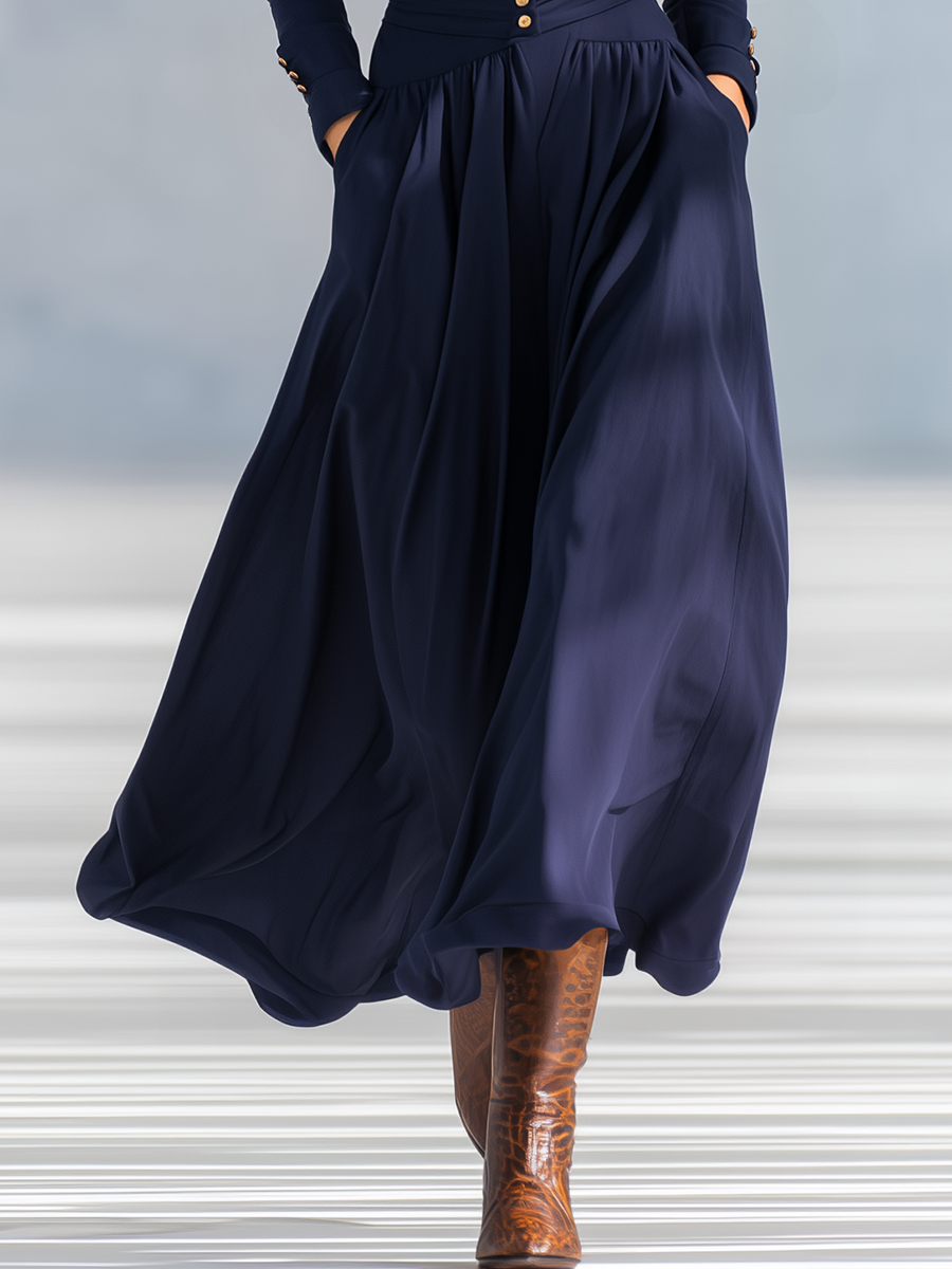 Stylish Elegant Button-Decorated V-Neck Long-Sleeved Maxi Dress