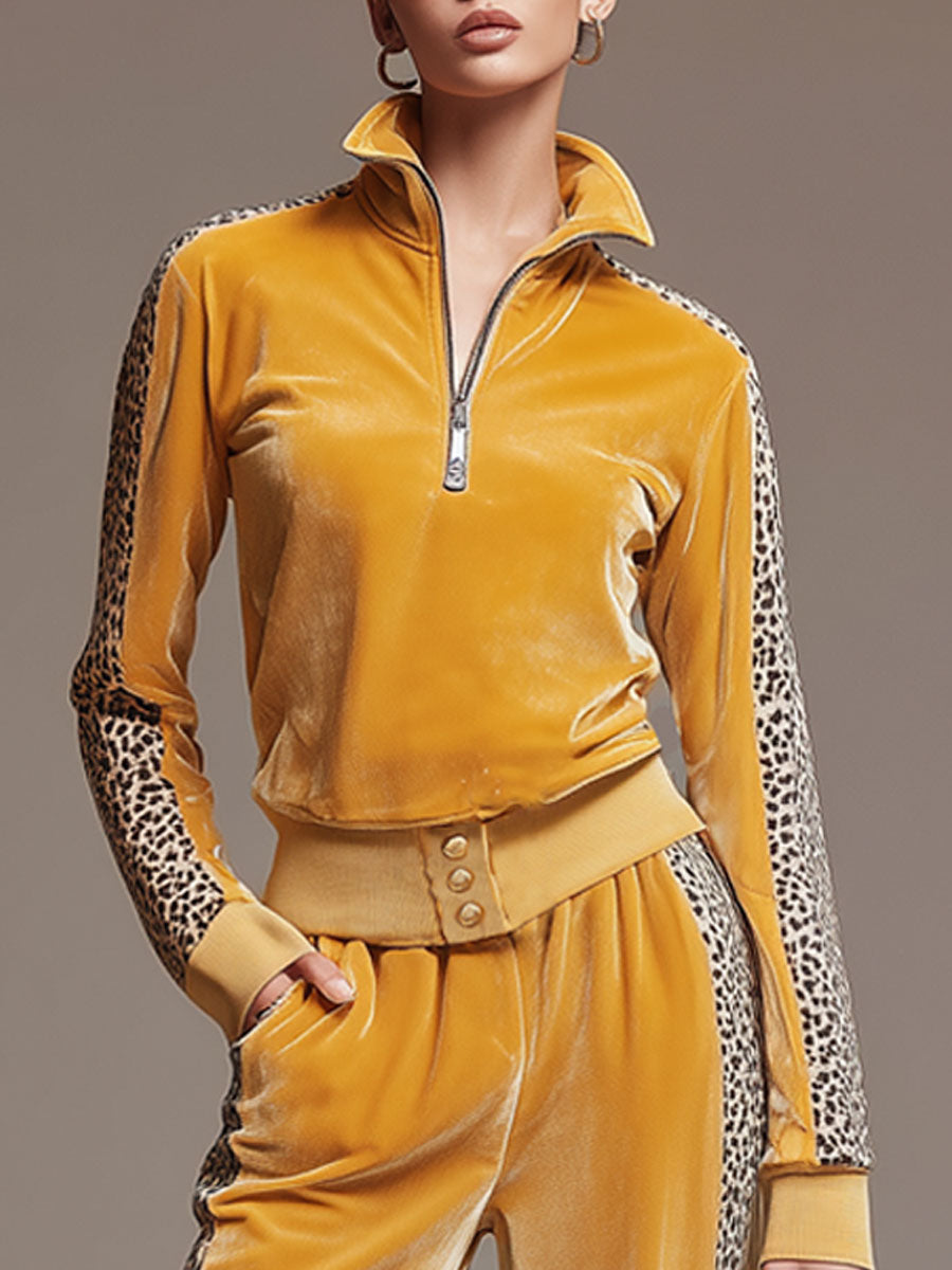Casual Sporty Retro Leopard Print Trim Yellow Velvet Sweatshirt and Wide-Leg Trousers Set