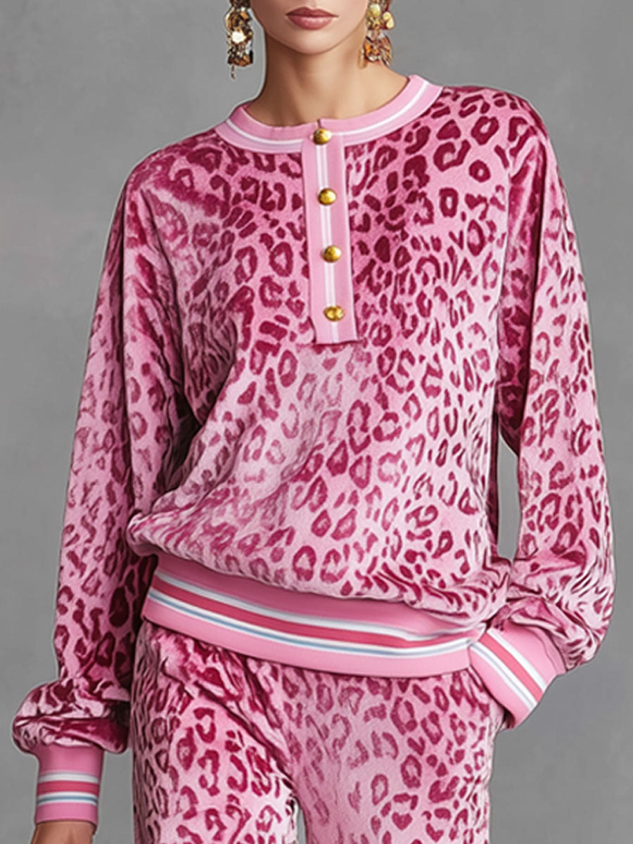 Casual Sporty Retro Pink Velvet Leopard Print Sweatshirt and Wide-Leg Trousers Set