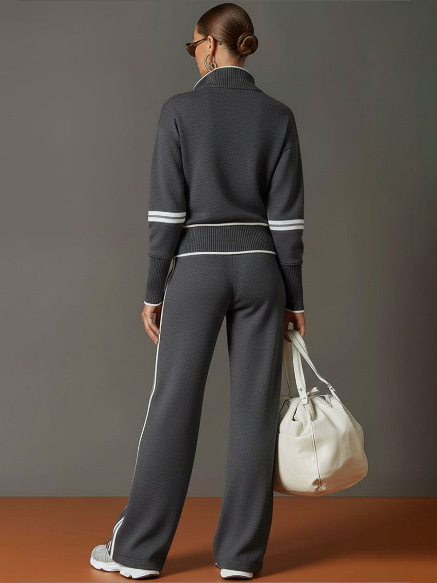 Retro Sporty Webbing Grey-White Half-Zip Sweatshirt and Wide-Leg Pants Set