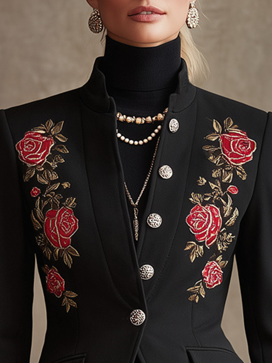 Stand Collar Single-breasted Rose Embroidered Wool Blazer
