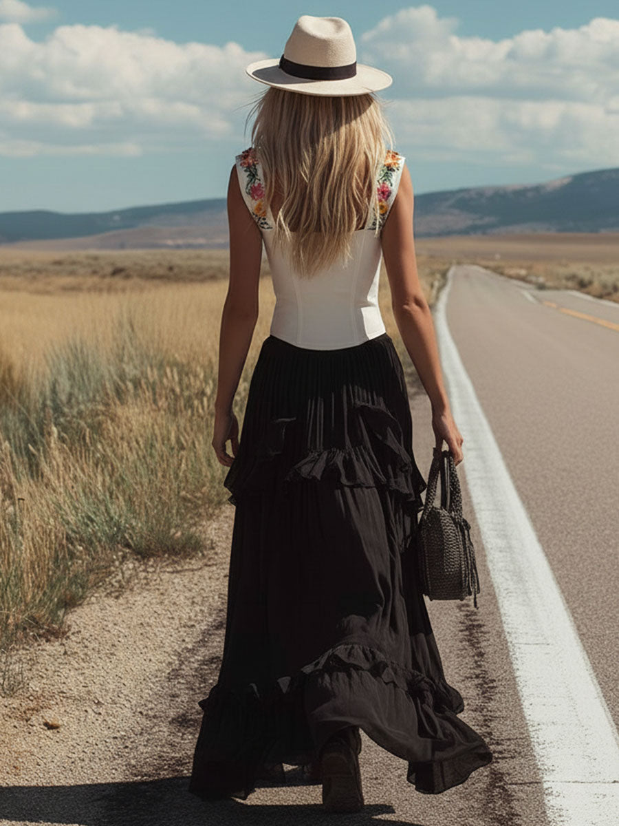 Western-style Retro Embroidered White Faux Suede Top and Black Slit Chiffon Skirt Set