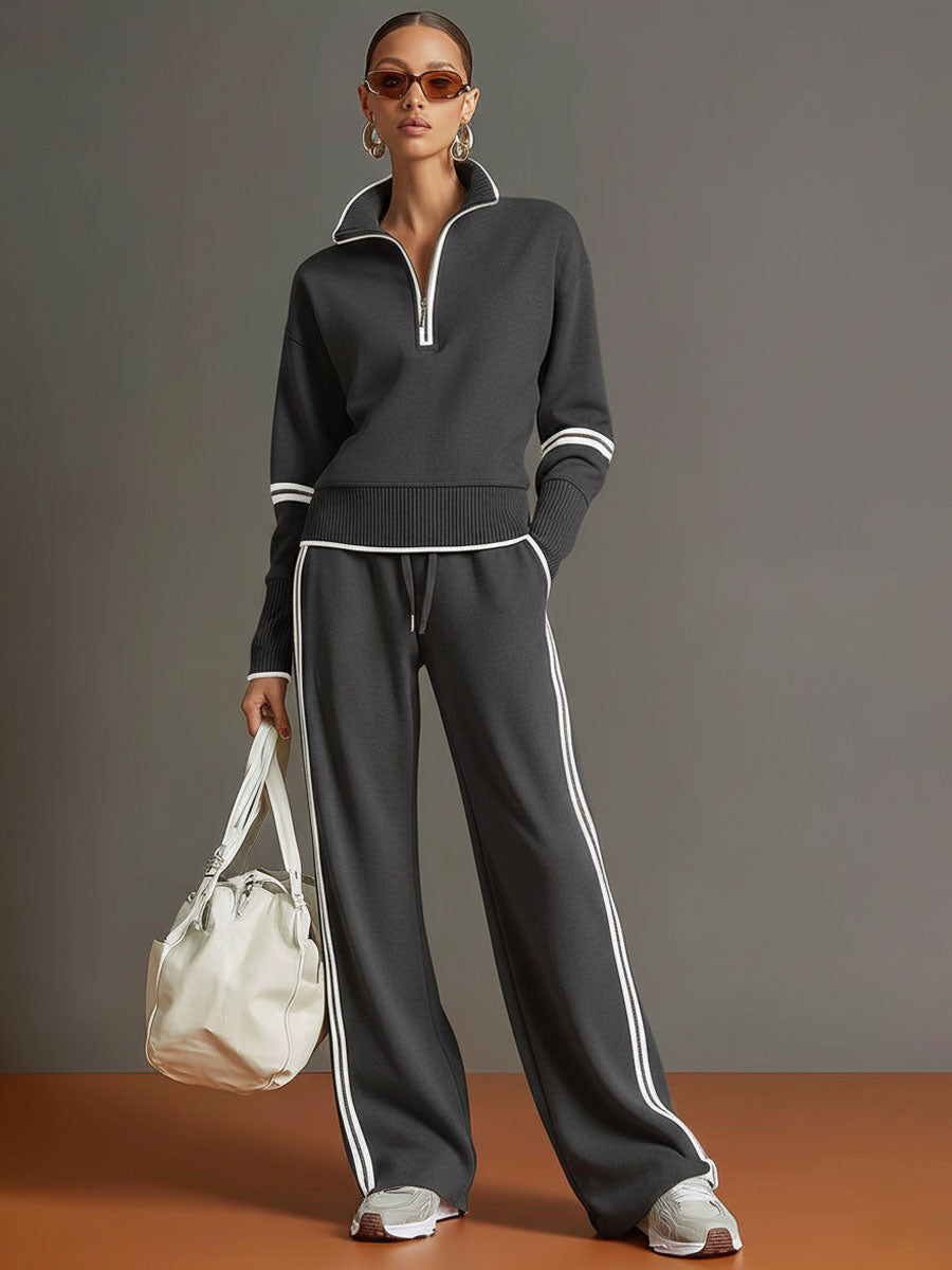 Retro Sporty Webbing Grey-White Half-Zip Sweatshirt and Wide-Leg Trousers Set