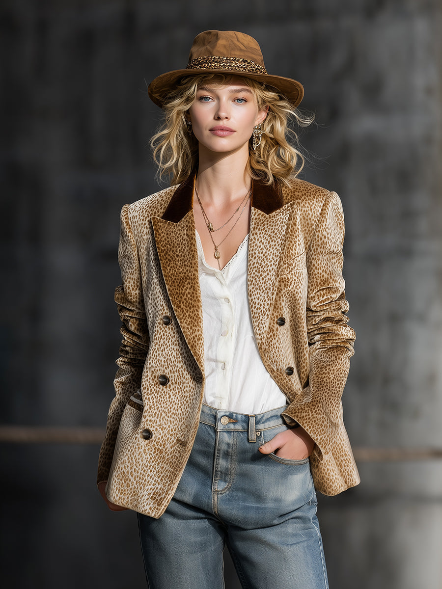 Retro and Fashionable Leopard Print Colour-block Collar Velvet Blazer