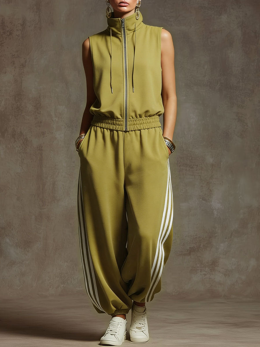 Casual Retro Sporty Yellow-Green Cotton Sleeveless Sweatshirt and Balloon Pants Set