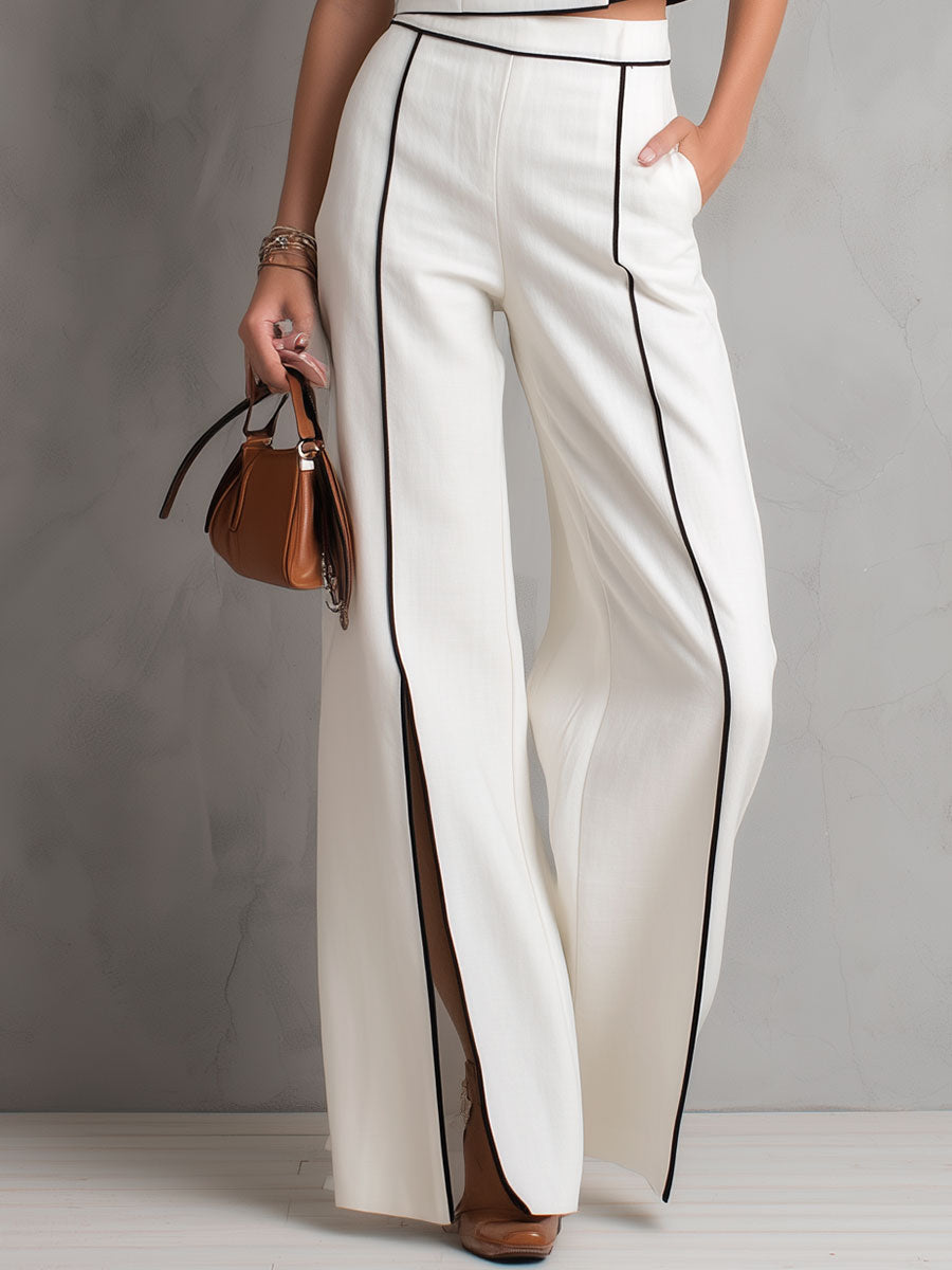 Stylish and Casual White Cotton Top with Black Trim and Split-leg Wide-leg Pants Set