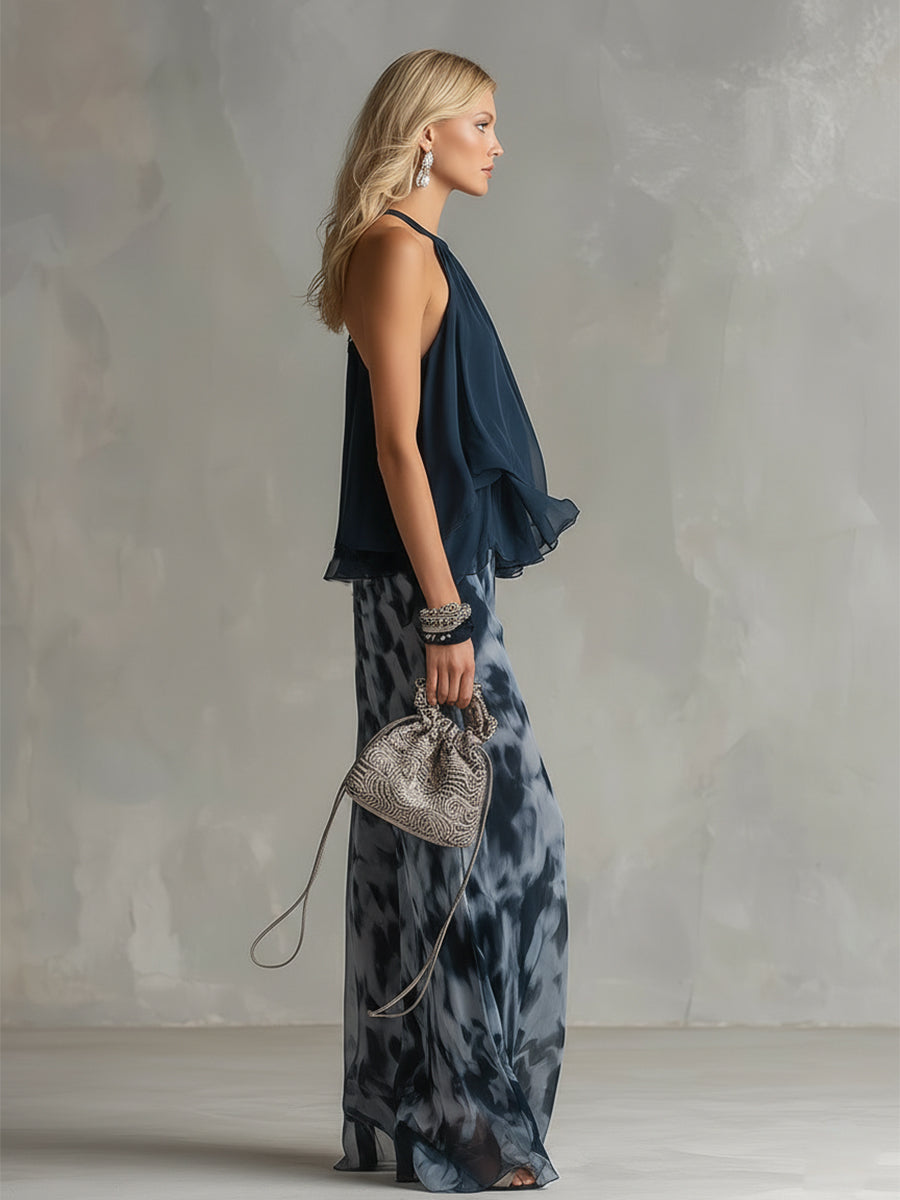 Elegant Urban Navy Blue Halter Neck Top and Printed Wide-leg Pants Chiffon Set