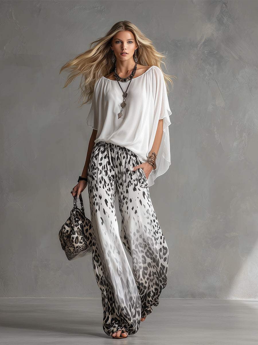 Modern And Stylish White T-shirt And Leopard Print Chiffon Trousers Set