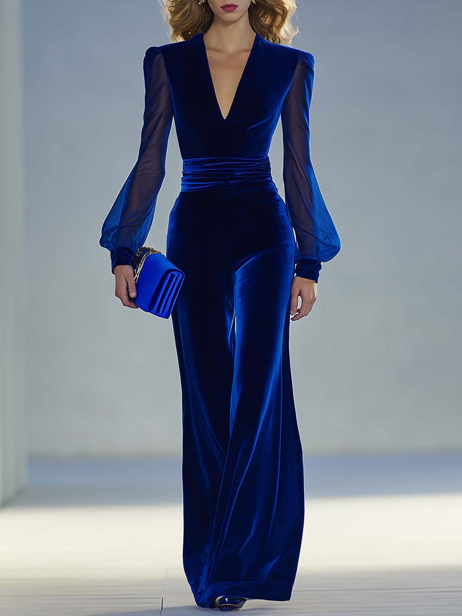 Vintage Elegant and Exquisite V-neck Mesh Long-sleeved Royal Blue Velvet Jumpsuit