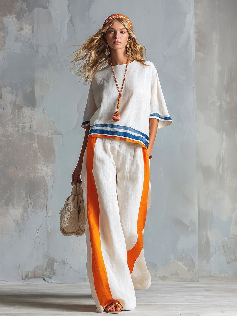 Casual Urban Style Contrast-Trimmed White T-Shirt & Wide-Leg Trousers Cotton-Linen Set