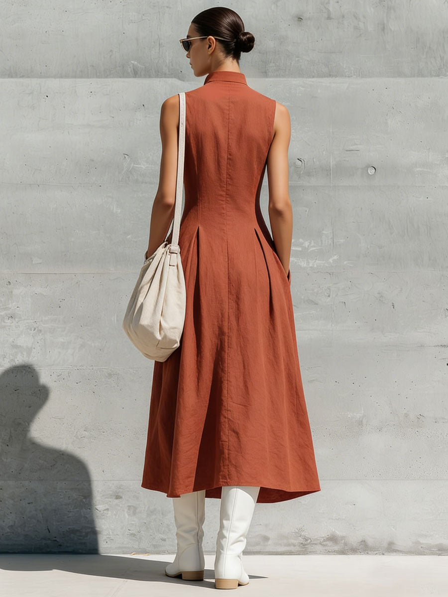 Casual Retro Brick Red Linen Sleeveless Cardigan Midi Dress