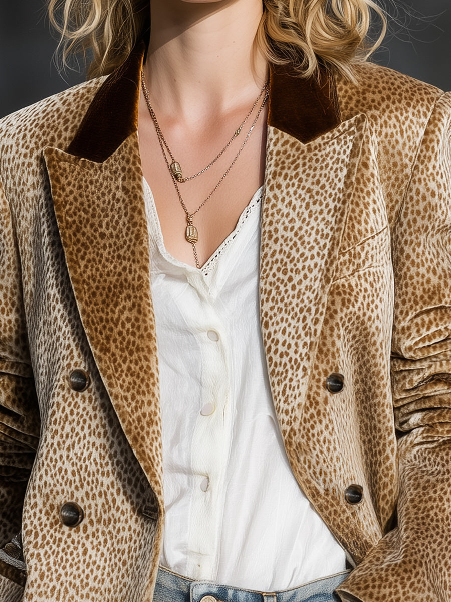 Retro and Fashionable Leopard Print Colour-block Collar Velvet Blazer