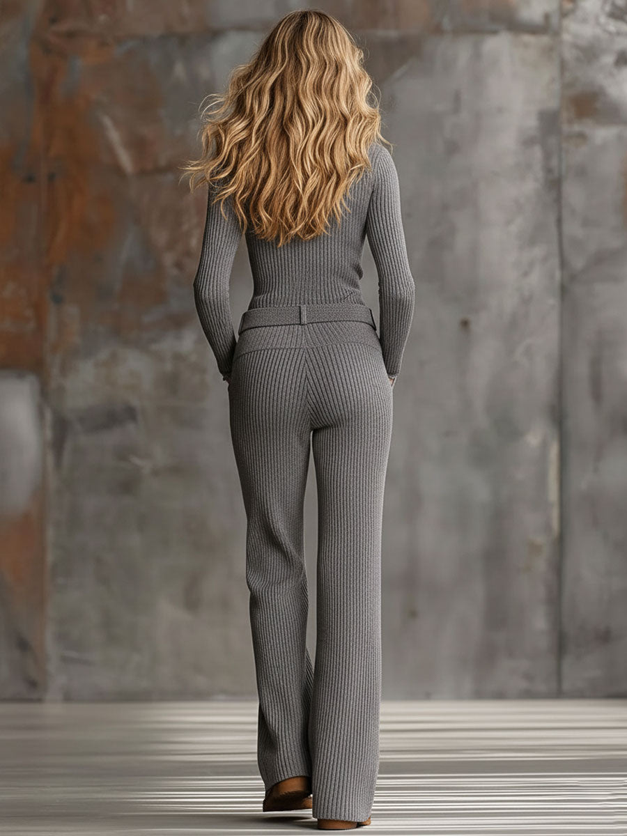 Fashionable Retro Grey Knit Half-zip Wide-leg Pants Set