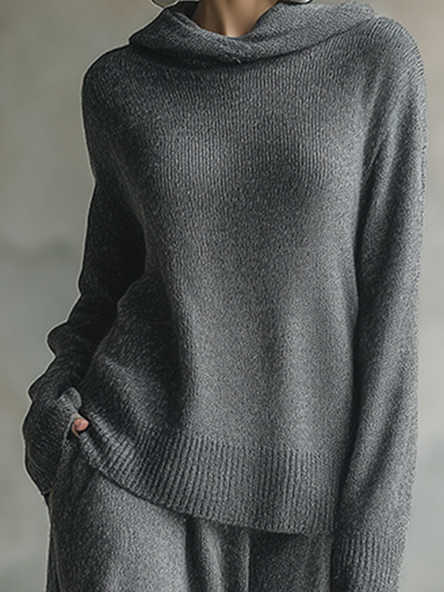 Elegant Minimalist Grey Hooded Sweater Skirt Set