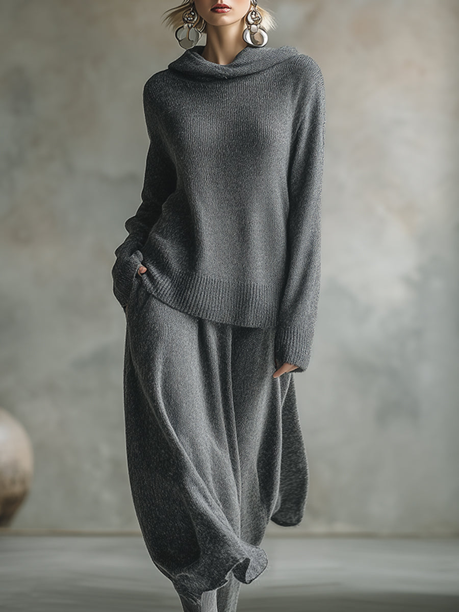 Elegant Minimalist Grey Hooded Sweater Skirt Set