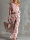 Retro Urban Style Pink Snake Print One-shoulder T-shirt And Wide-leg Trousers Set
