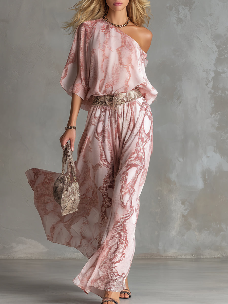 Retro Urban Style Pink Snake Print One-Shoulder T-Shirt and Wide-Leg Trousers Set