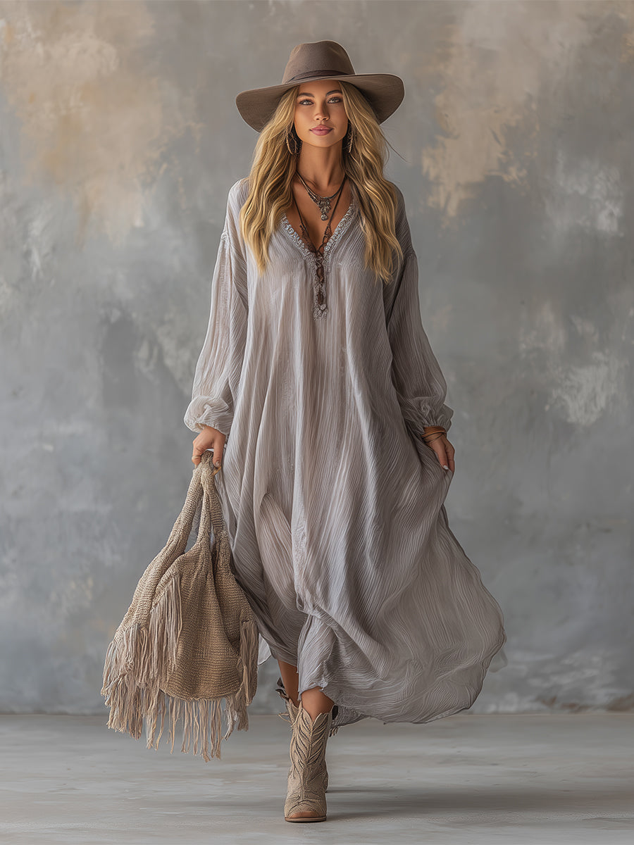 Lazy And Elegant V-neck Light Grey Crinkled Chiffon Maxi Dress