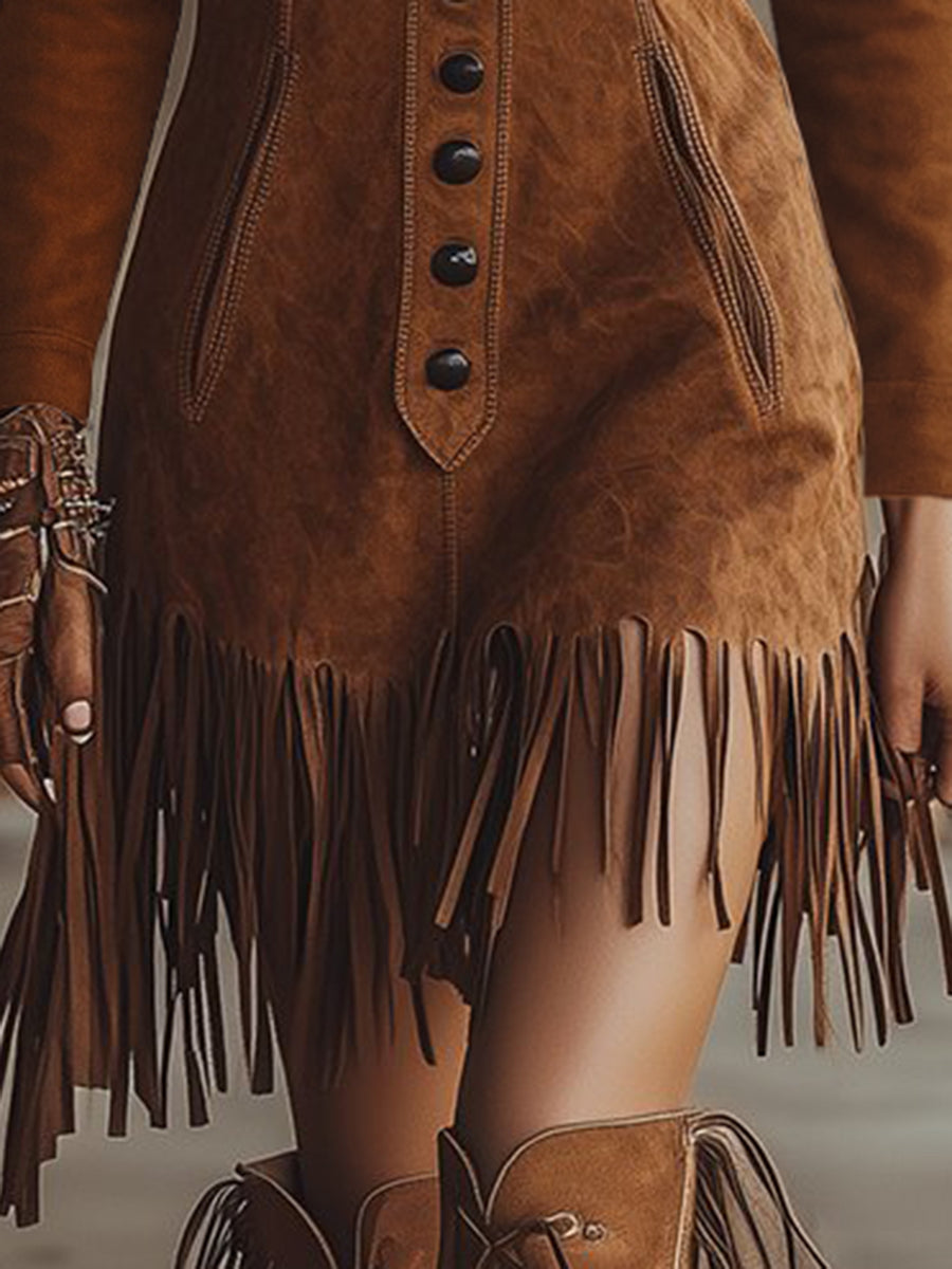Western Style Tassel Brown Faux Suede Long Sleeve Mini Dress