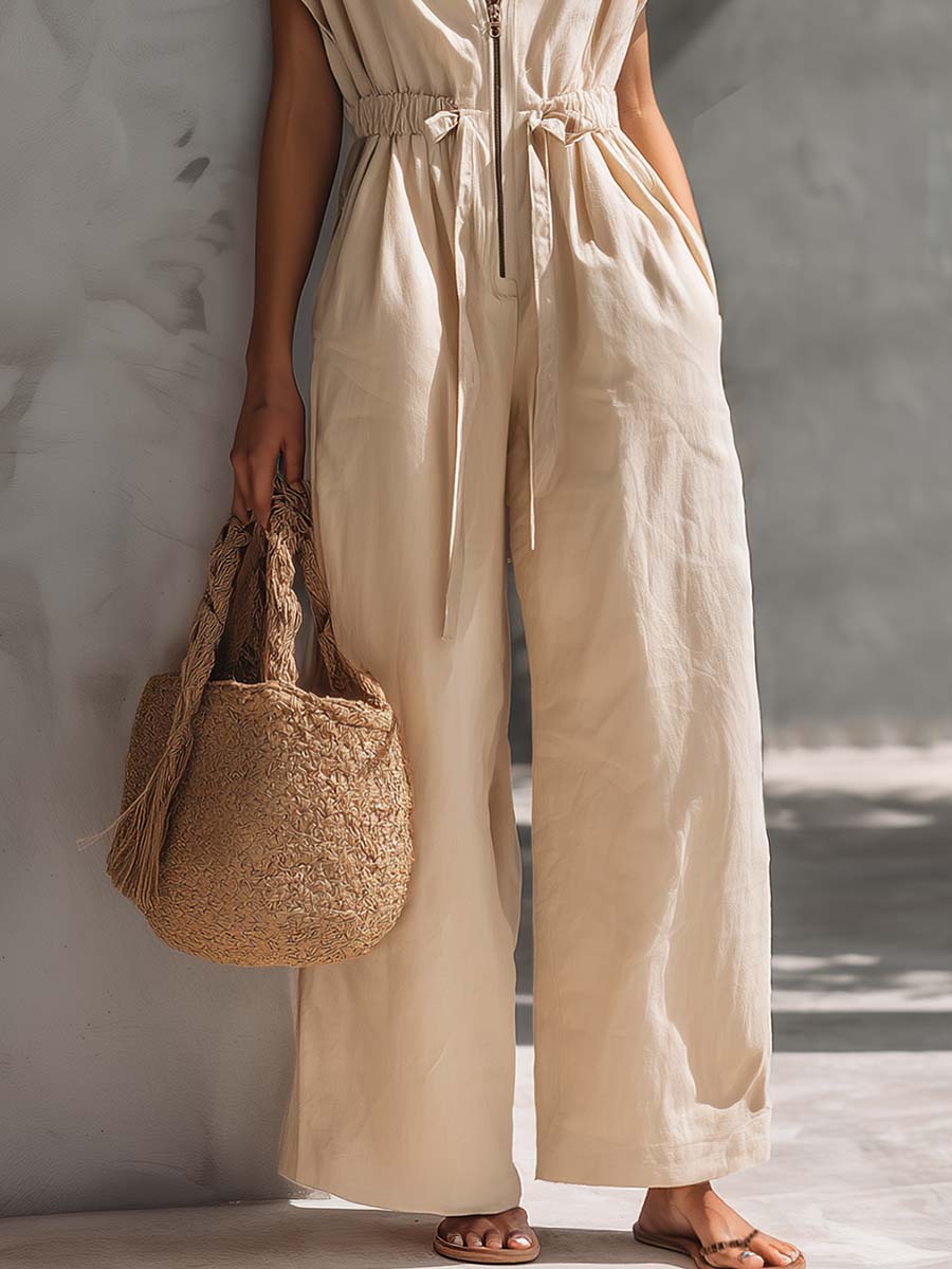 Retro-Casual Holiday Style Lapel Collar And Front Zip Oatmeal Cotton-Linen Jumpsuit