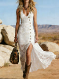 Elegant V-neck Button-down Lace Sleeveless Maxi Dress
