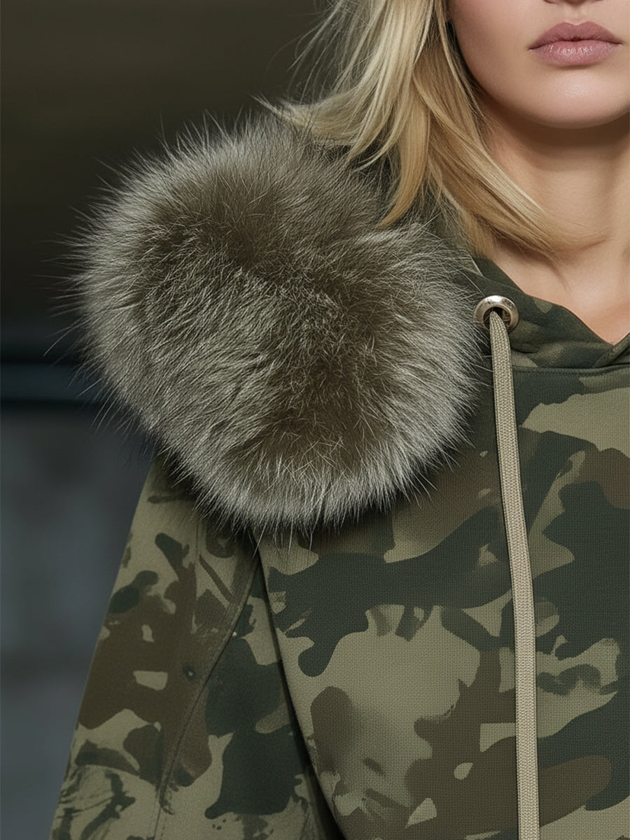 Casual and Fashionable Camouflage Print Faux Fur Collar Sweatshirt and Wide-Leg Pants Suit