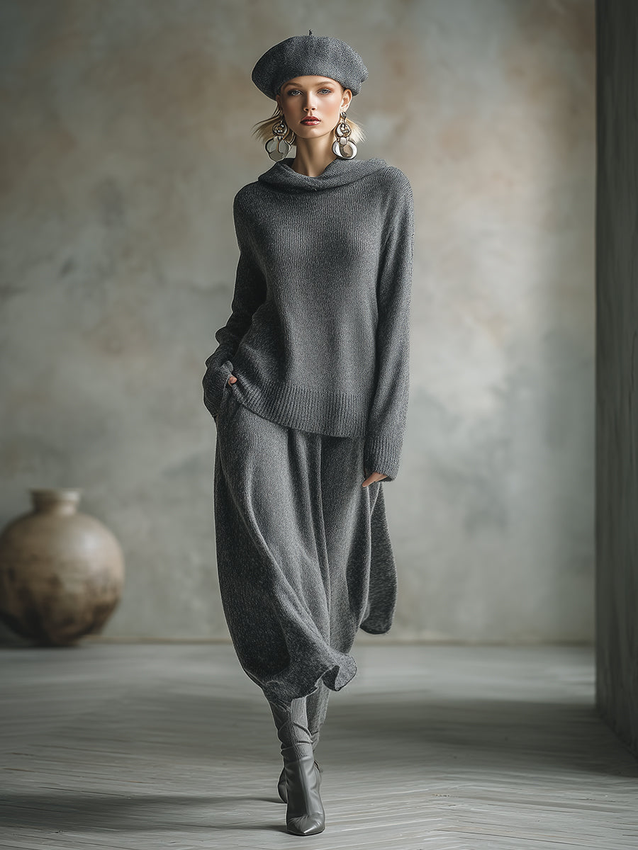 Elegant Minimalist Grey Hooded Sweater Skirt Set