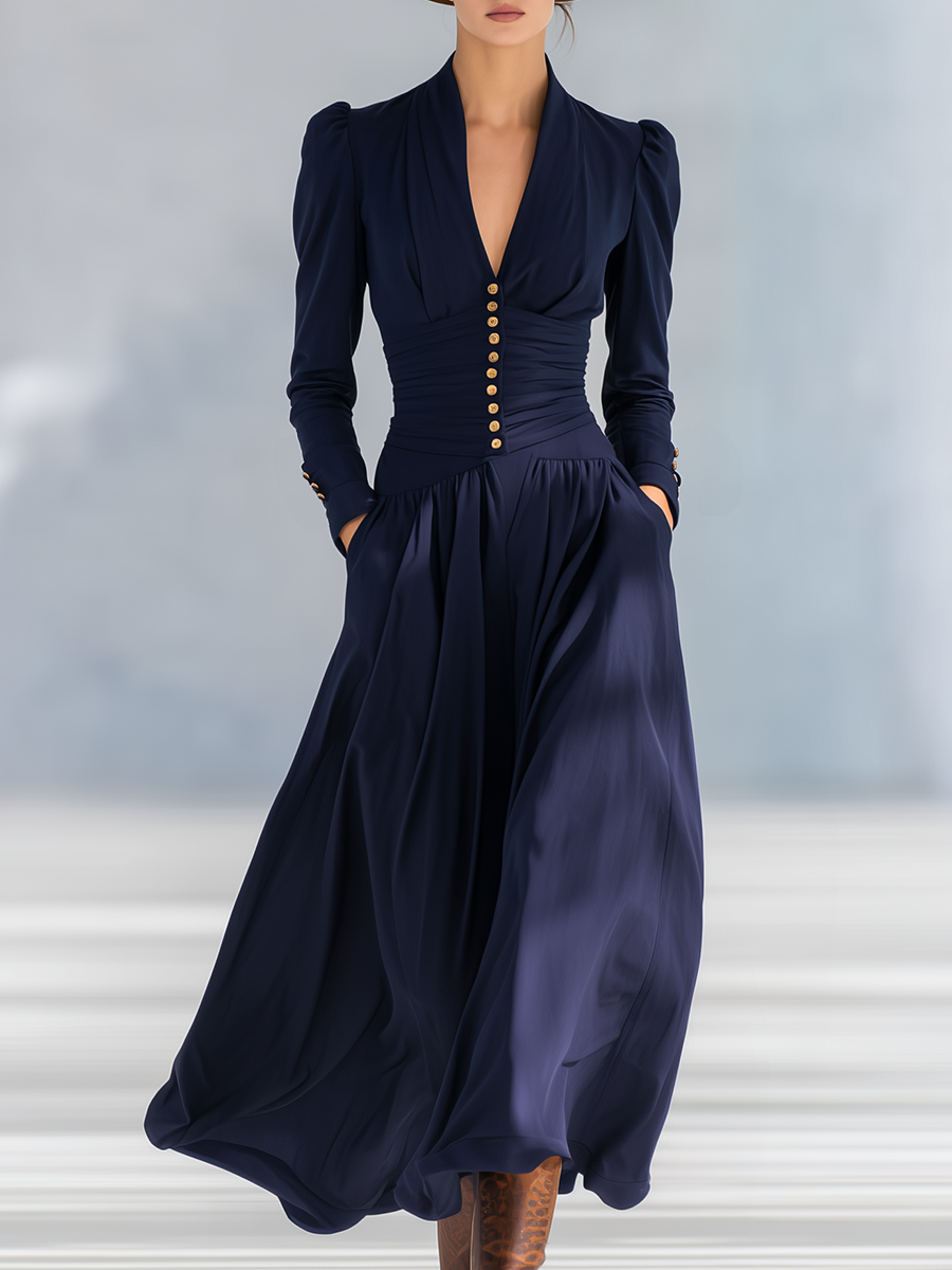 Stylish Elegant Button-Decorated V-Neck Long-Sleeved Maxi Dress