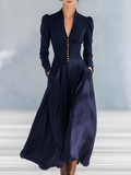 Stylish Elegant Button-Decorated V-Neck Long-Sleeved Maxi Dress