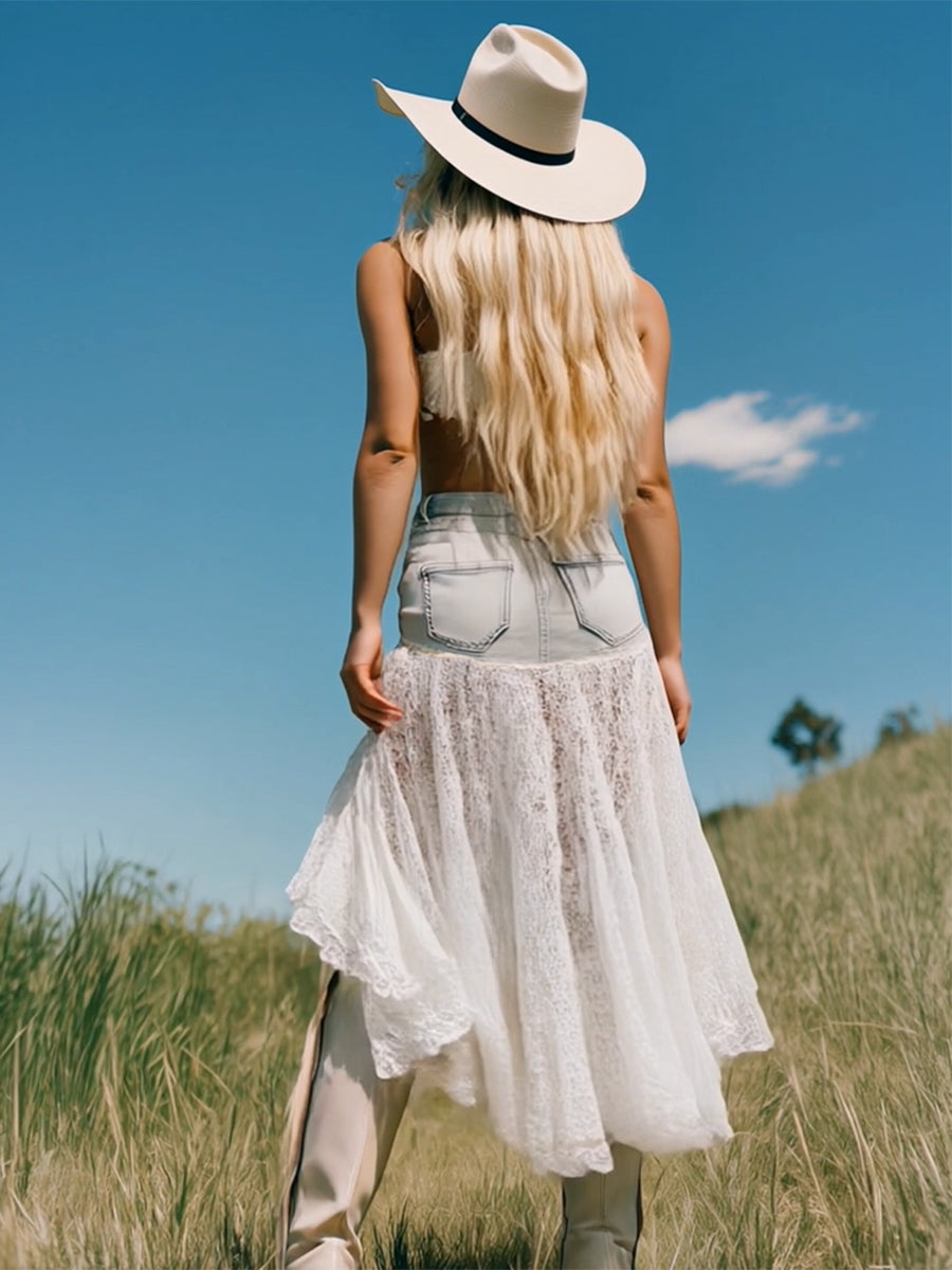 【24-hour shipping out】Romantic and Fashionable Short Front and Long Back Lace Patchwork Denim Skirt