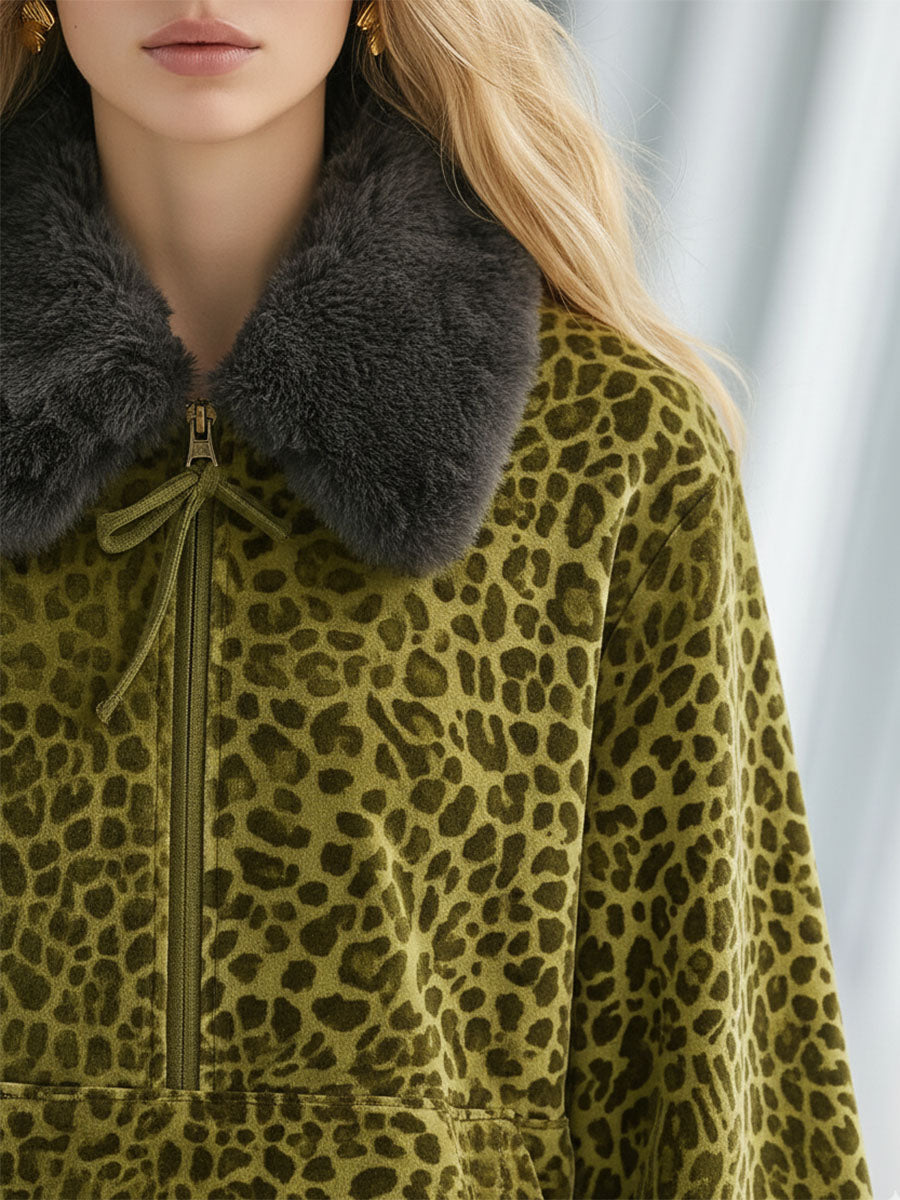 High-end Fashionable Leopard Print Velvet Faux Fur Collar Sweatshirt Wide-leg Trousers Suit