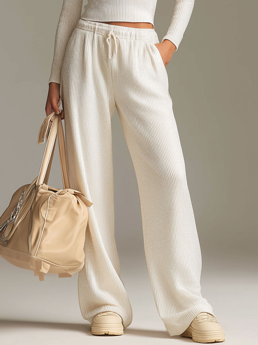 Fashionable Sporty White Knit Ribbed Crew Neck Top and Wide-leg Trousers Set