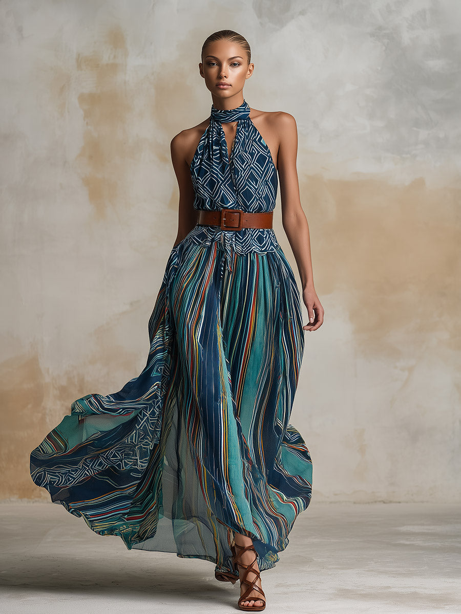 Retro Ethnic-Style Teal Abstract-Print Chiffon Sleeveless Maxi Dress