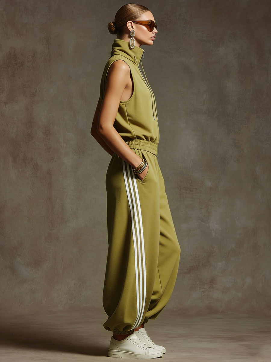 Casual Retro Sporty Yellow-Green Cotton Sleeveless Sweatshirt and Balloon Pants Set