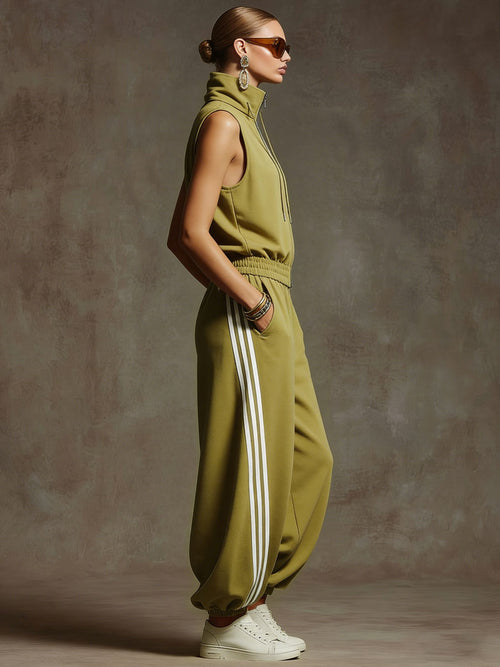 Casual Retro Sporty Yellow-Green Cotton Sleeveless Sweatshirt and Balloon Pants Set