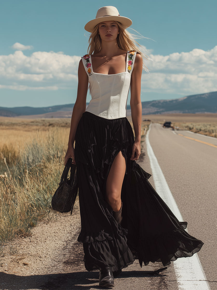Western-style Retro Embroidered White Faux Suede Top and Black Slit Chiffon Skirt Set