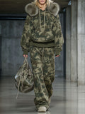 Casual and Fashionable Camouflage Print Faux Fur Collar Sweatshirt and Wide-leg Pants Suit